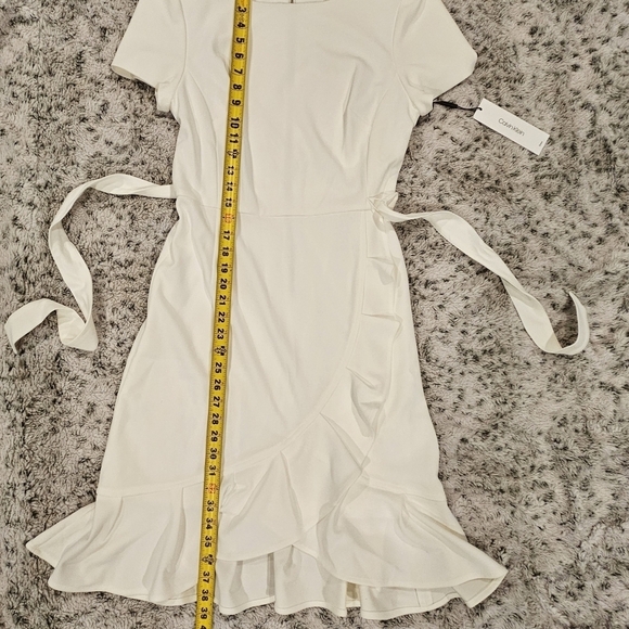 Calvin Klein NWT SZ 10 Ivory Short Sleeve Crepe Dress with Ruffle and Waist Tie - Picture 4 of 13